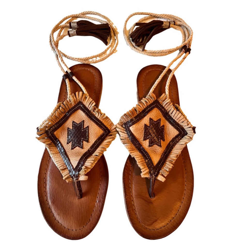 Free People Matisse Bronte Sandals Leather Lace Up Boho Western Fringe - Picture 3 of 13